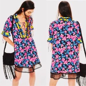 Topshop Floral Print Mini Dress Festival Tunic Lace Trim Colorful